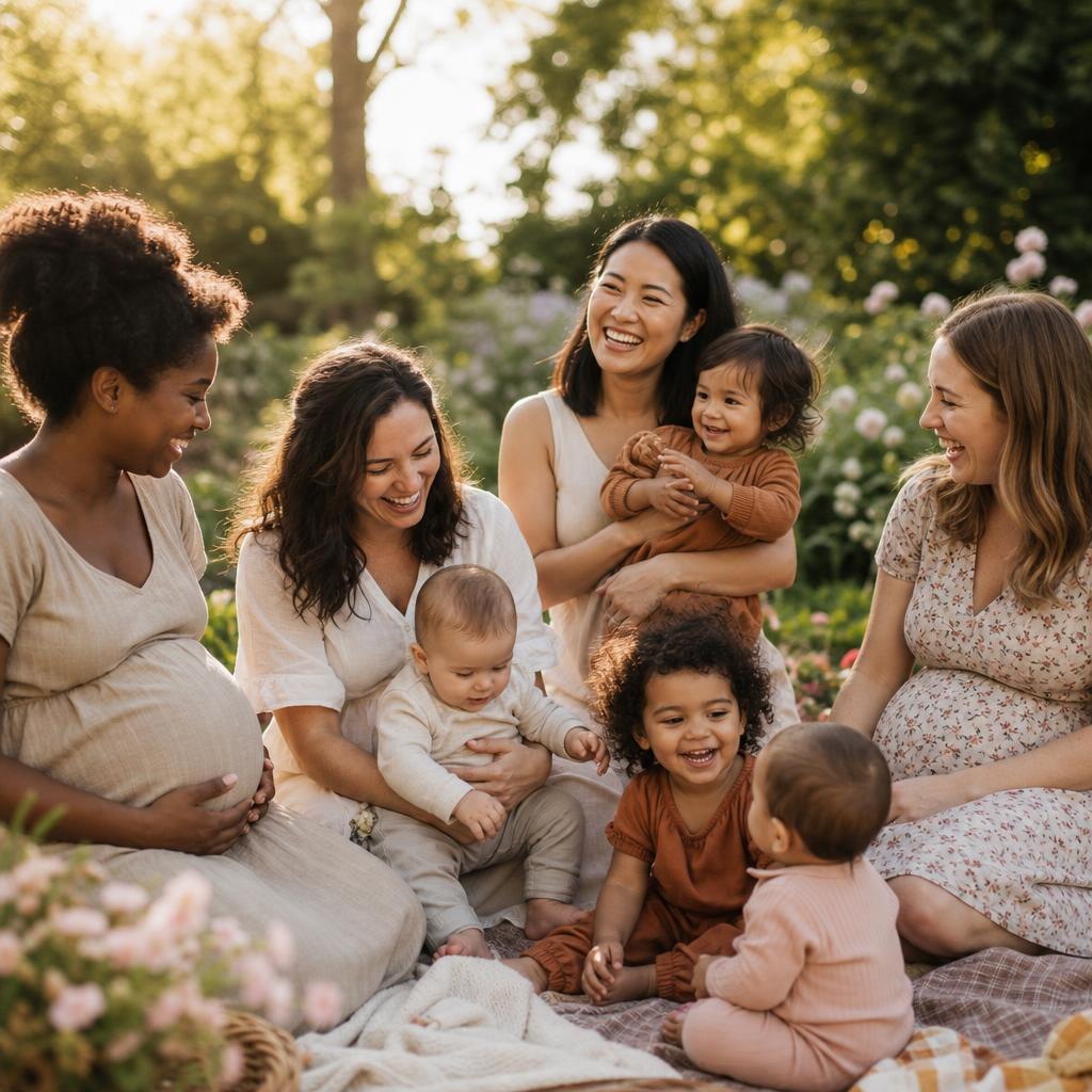 A diverse group of parents — some pregnant, some with small children — gathered together in a sunlit garden